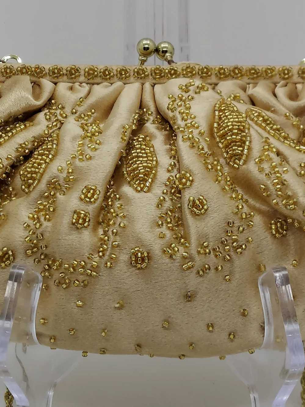 La Regale Matte Gold Satin Beaded Convertible Clutch Purse With Chain Strap
